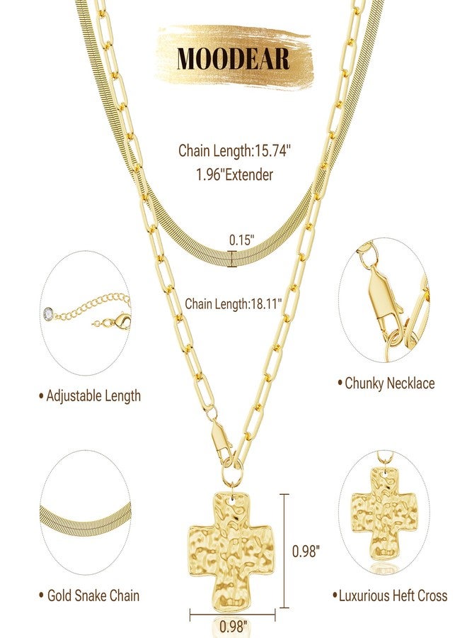 Moodear Cross Necklace for Women Trendy Layered 14K Gold Plated Chunky Statement Crucifix Pendant Charm Necklaces Paperclip Chain Herringbone Choker Jewelry Gift - Image 5